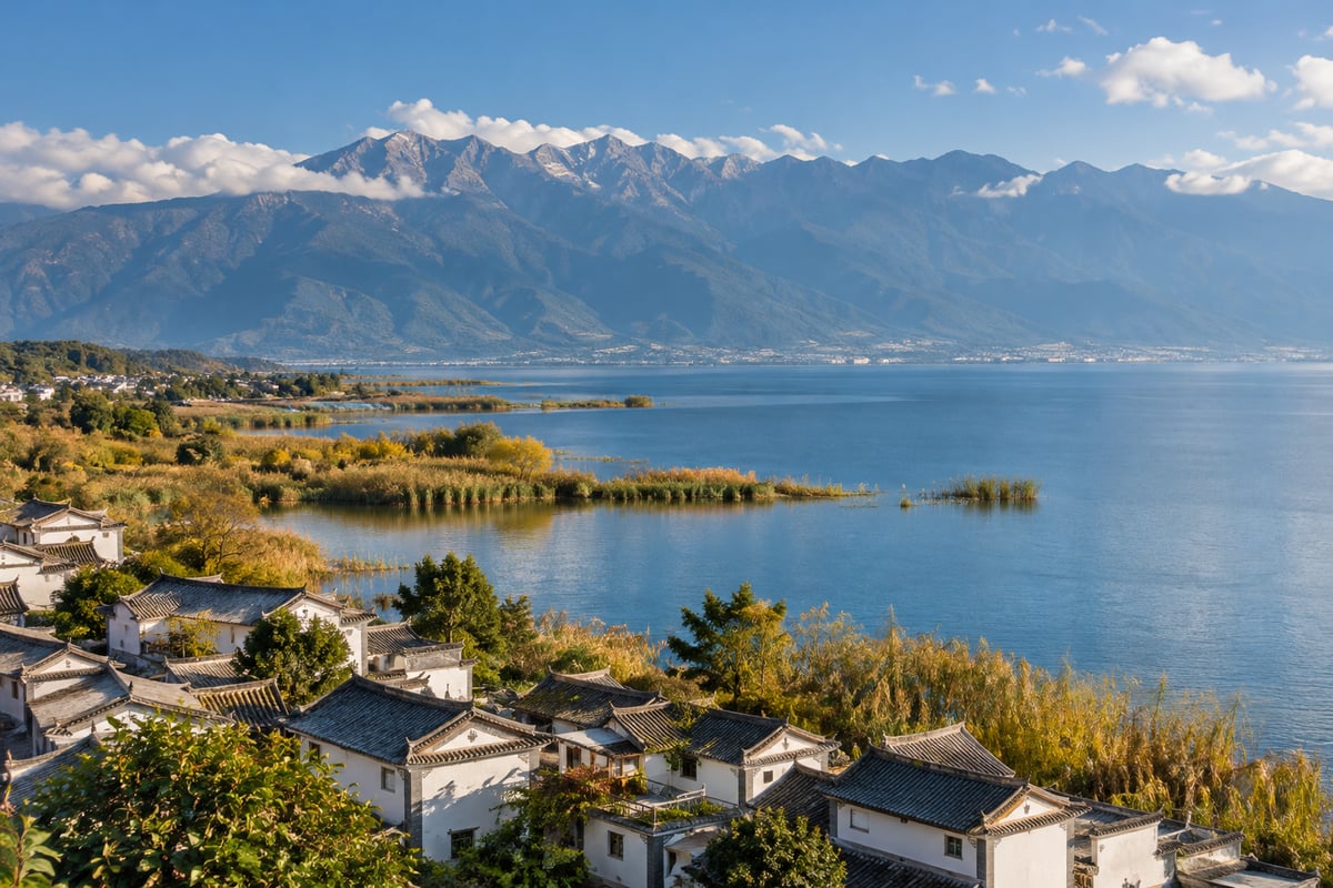目的地大理：洱海岸边与远处山景（主题配图）
